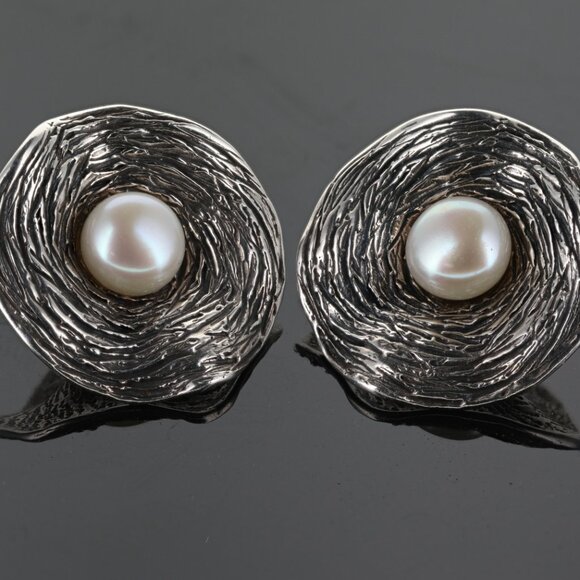 Designer Hagit Gorali Israel Sterling Silver 925 Pearl Abstract Circle Studs - Picture 1 of 4